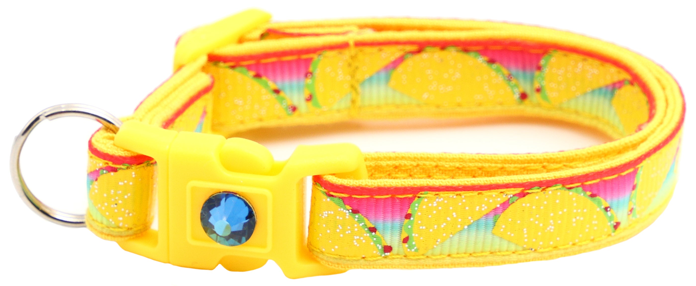 Handmade Taco Breakaway Cat Collar in reinforced cotton with breakaway clips and customizable features.